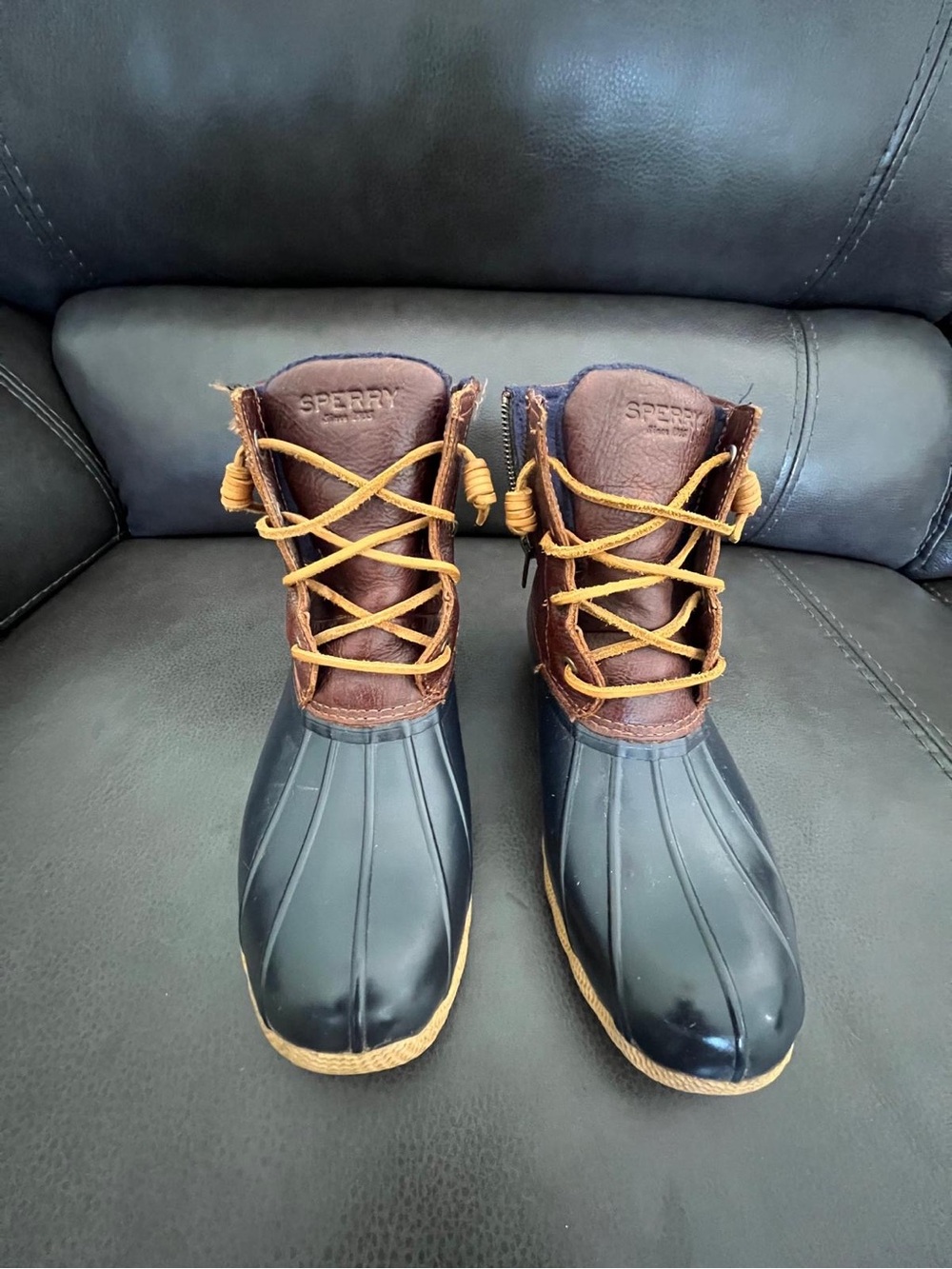 Sperry Navy Rubber & Brown Leather Duck Boots with Tan Laces